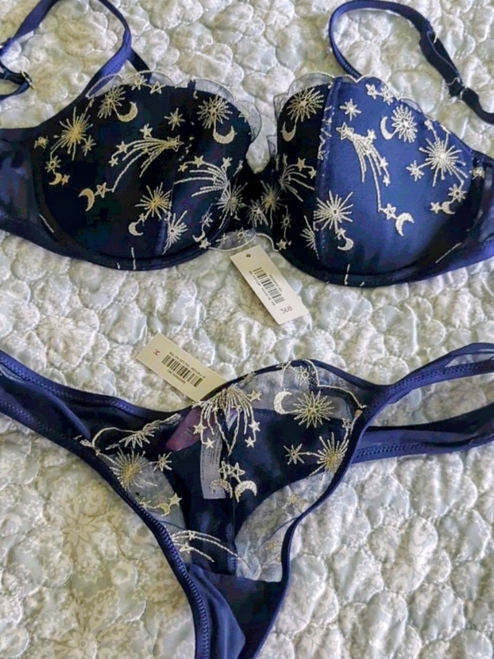 Adore Me Navy Embroidered Star & Moon Bra and Thong Set